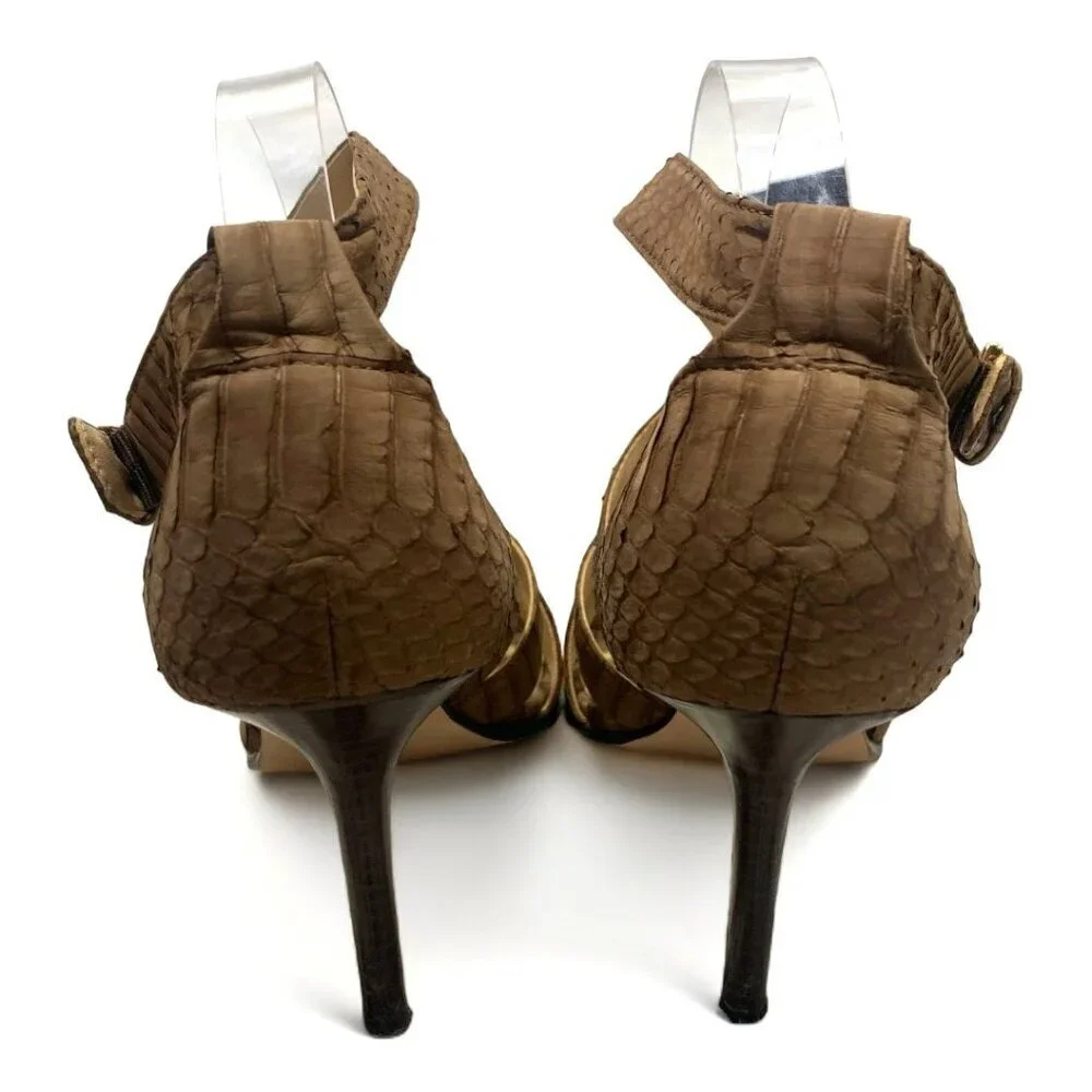 COACH Fawn Strappy Sandals Stiletto Heel Brown Snakeskin Print Leather Sz 9.5 B